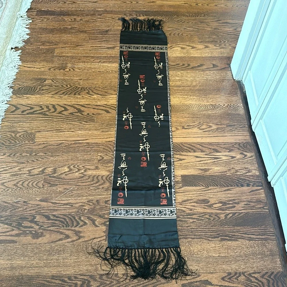 Black 100% Silk Scarf with Fringe Gold Asian Motif Print